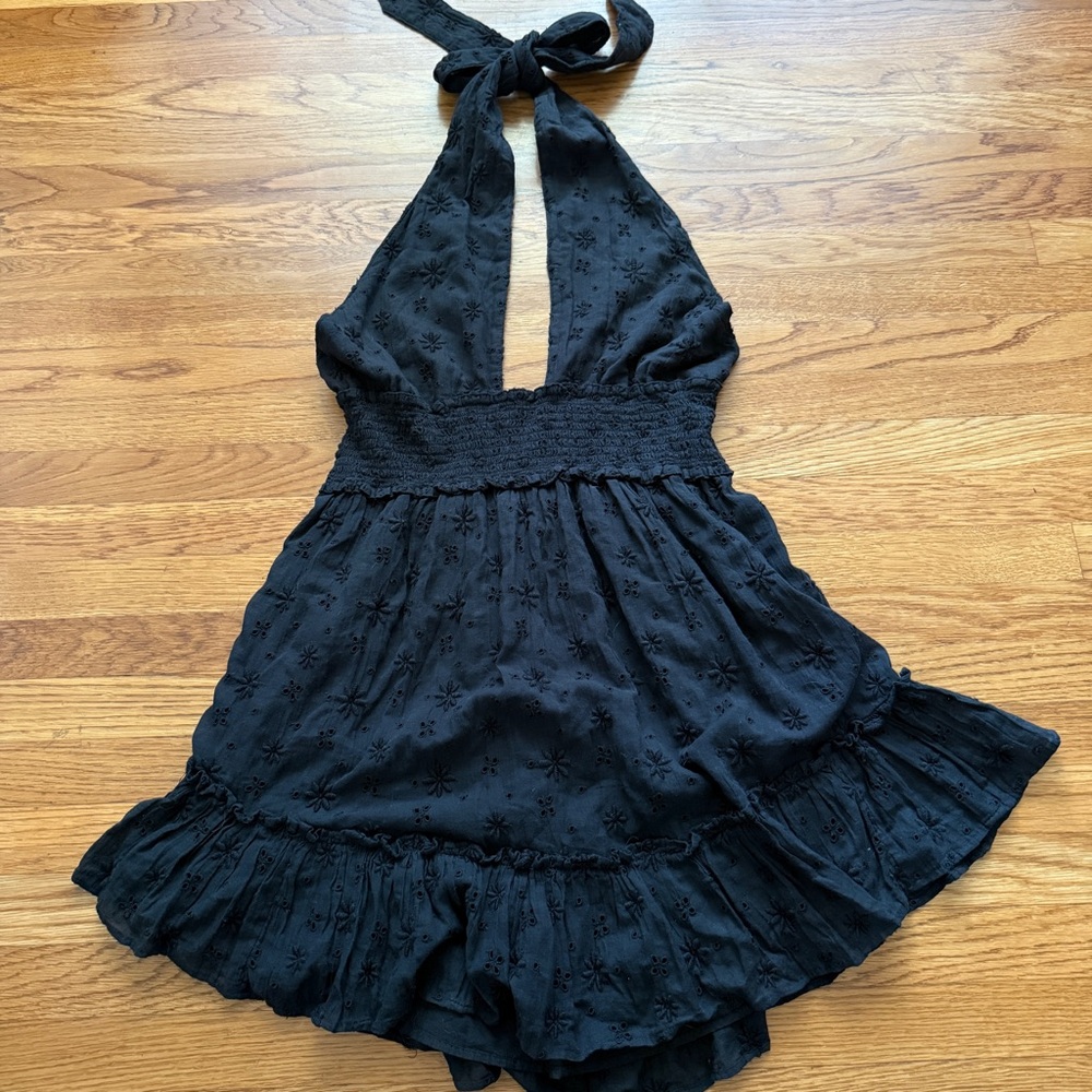 Aerie eyelet black halter coquette flirty mini dress New - Picture 1 of 5